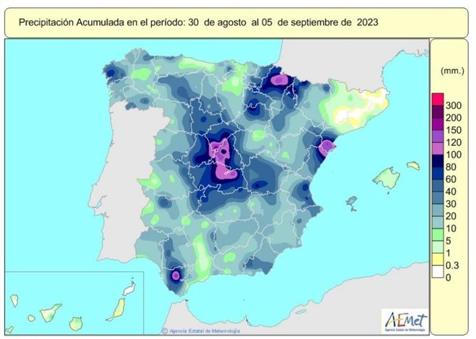 Precipitaciones acumuladas en el periodo comprendido entre el 30 de agosto y el 5 de septiembre de 2023