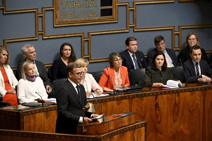 06 September 2023, Finland, Helsinki: Prime Minister of Finland Petteri Orpo (C) speaks during the session of the Finnish Parliament in Helsinki. Finnish parliament debated of government's anti-racism policy. Photo: Markku Ulander/Lehtikuva/dpa