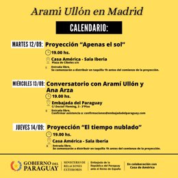Cartel promocional de las actividades que tendrán lugar por el programa "Arami Ullón en Madrid". 