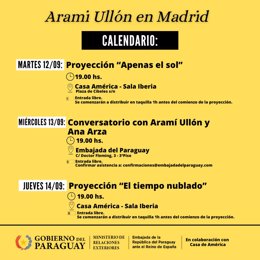 Cartel promocional de las actividades que tendrán lugar por el programa "Arami Ullón en Madrid".