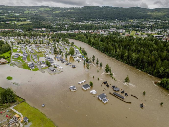 09 August 2023, Slovenia, Dokka: A general view of of Dokka camping, which completely flooded with water after the Dokka river overflowed its banks. The extreme weather "Hans" has hit Eastern Norway with heavy rain. Photo: Stian Lysberg Solum/NTB/dpa