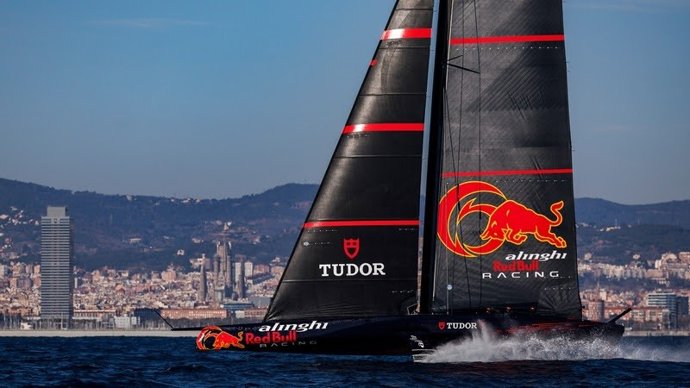 Alinghi Red Bull Racing of Switzerland with Arnaud Psarofaghis and Nicolas Charbonnier behind the helm perform during a practice.
