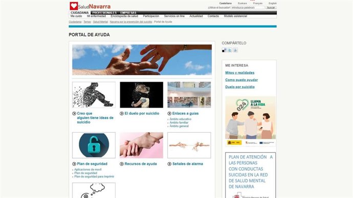 Web del Gobierno de Navarra dedicada a la prevención del suicidio.