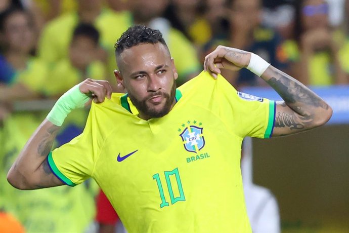08 September 2023, Brazil, Belem: Brazil's Neymar celebrates scoring his side's second goal during the 2026 FIFA World Cup South American qualifiers soccer match between Brazil and Bolivia at the Estadio Olimpico do Para. Photo: Leco Viana, Leco Viana/T