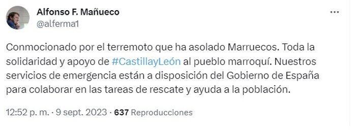 El presidente de la Junta de Castilla y León, Alfonso Fernández Mañueco, en un mensaje publicado este sábado en su cuenta oficial de Twitter