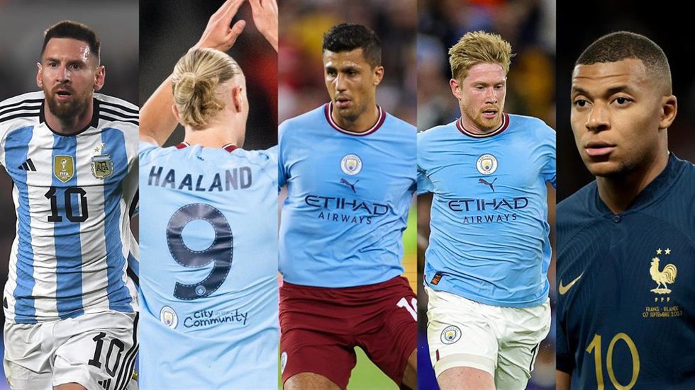 Leo Messi (Argentina e Inter de Miami); Erling Haaland (Manchester City); Rodri Hernández (Manchester City); Kevin De Bruyne (Manchester City); y Kylian Mbappé (PSG).