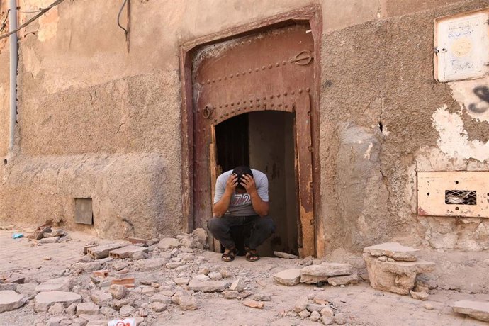 MARRAKESH, Sept. 9, 2023  -- A man is seen outside his damaged house after a 6.8-magnitude earthquake in Marrakesh, Morocco, Sept. 9, 2023.