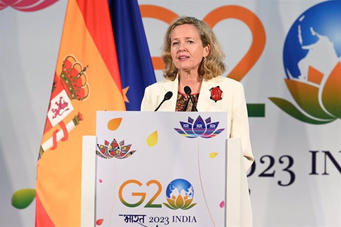 La vicepresidenta primera del Gobierno y ministra de Economía en funciones, Nadia Calviño, en rueda de prensa en el Cumbre del G20 en Nueva Delhi.