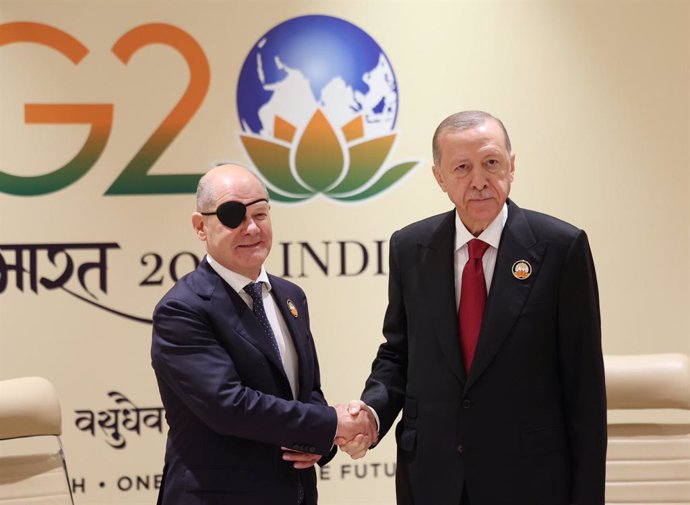 September 9, 2023, New Delhi, New Delhi, India: Turkish President Recep Tayyip Erdogan (R) meets with German Chancellor Olaf Scholz (L) on the sidelines of the G20 LeadersA?? Summit in New Delhi, India on September 09, 2023