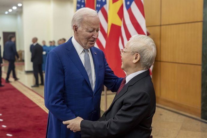September 10, 2023, Hanoi, Vietnam: U.S. President Joe Biden, left, shakes hands with Vietnamese General Secretary of the Communist Party Nguyen Phu Trong, right, before bilateral discussions at the Presidential Palace, September 10, 2023 in Hanoi, Viet