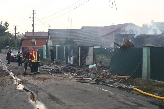 August 30, 2023, Tarasivka, Kyiv Region, Ukraine: TARASIVKA, UKRAINE - AUGUST 30, 2023 - State Emergency Service workers put out a fire in a house after Russian overnight aerial attacks, Tarasivka village, Kyiv Region, northern Ukraine. Ukrainian air de