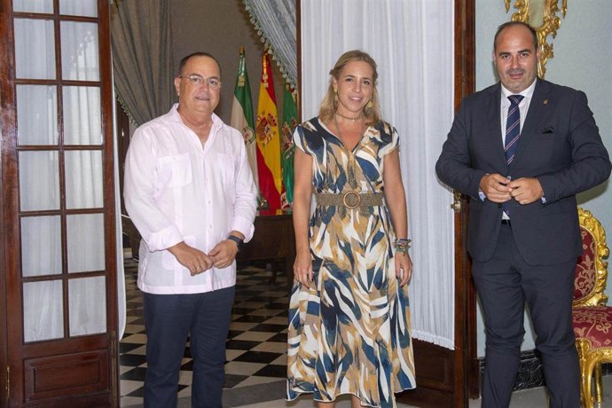 La presidenta de la Diputación de Cádiz, Almudena Martínez, acompañada del diputado responsable de Asistencia a Municipios, Antonio Aragón, mantiene un encuentro con el gerente de OPP72, Nicolás Fernández.