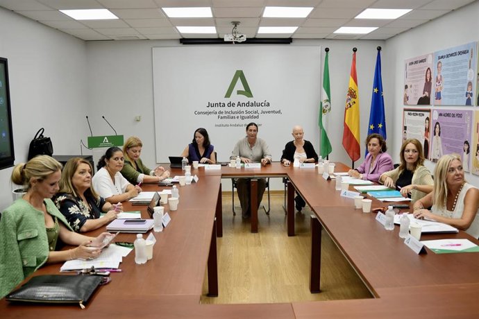 La consejera de Inclusión Social, Juventud, Familias e Igualdad, Loles López (c), junto a la directora del Instituto Andaluz de la Mujer, Olga Carrión (d) durante la reunión en el IAM. A 11 de septiembre de 2023, en Sevilla (Andalucía, España).  