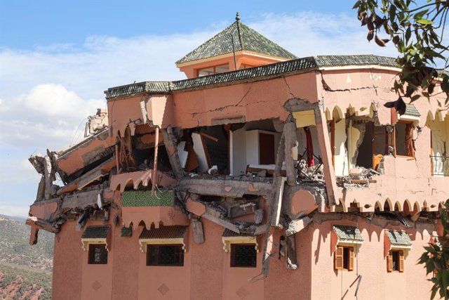 10 September 2023, Morocco, Al Haouz: A building is seen destroyed in the town of Moulay Brahim, south of Marrakesh, after the powerful earthquake that hit Morocco late Friday. The death toll in the powerful earthquake that struck Morocco late Friday rose