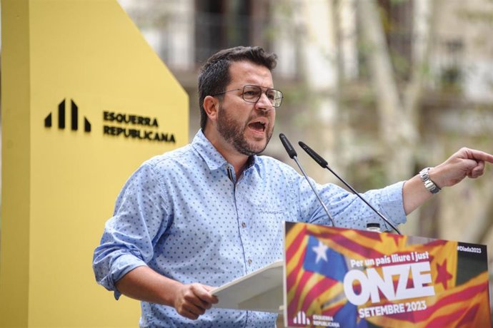 El presidente de la Generalitat y coordinador nacional de ERC, Pere Aragons, en el acto de ERC por la Diada.