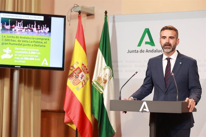 El consejero de Sostenibilidad, Medio Ambiente y Economía Azul de la Junta de Andalucía y portavoz del gobierno, Ramón Fernández-Pacheco, en la rueda de prensa tras el Consejo de Gobierno andaluz en el Palacio de San Telmo. A 12 de septiembre de 2023, e