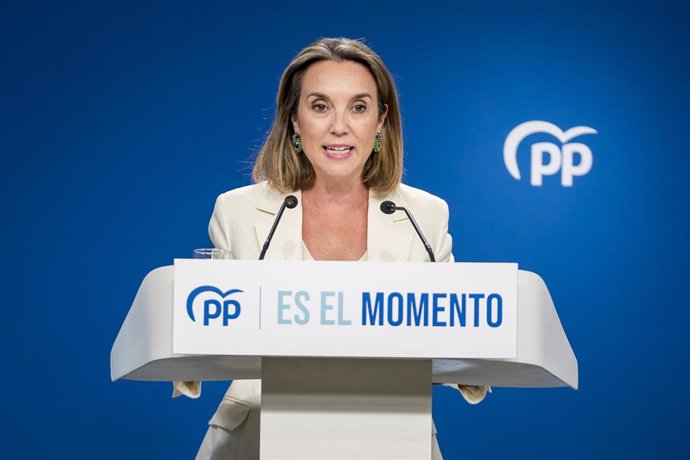 Archivo - La secretaria general del Partido Popular, Cuca Gamarra, comparece en rueda de prensa tras las reunión del Comité de Dirección del Partido Popular, en la sede del partido en calle Génova, a 9 de agosto de 2023, en Madrid (España).