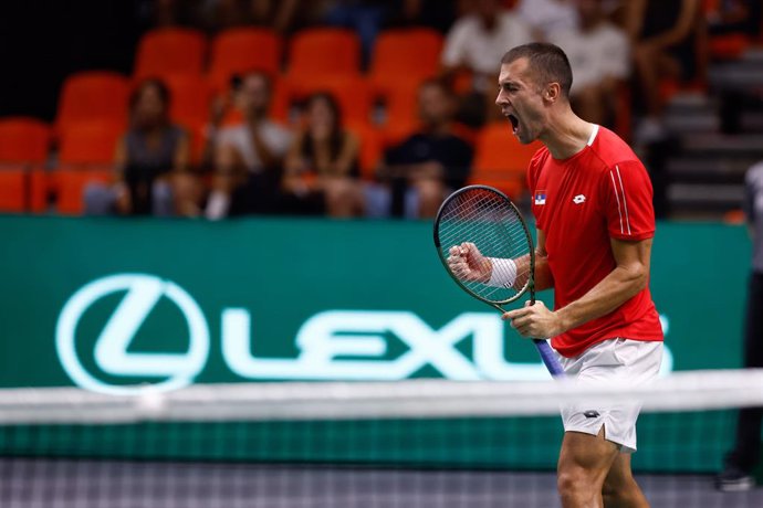 Laslo Djere of Serbia celebrates the victory during the Davis Cup 2023, Group C, tennis match played between Serbia and South Korea at Fuente de San Luis pavilion on September 12, 2023, in Valencia, Spain.