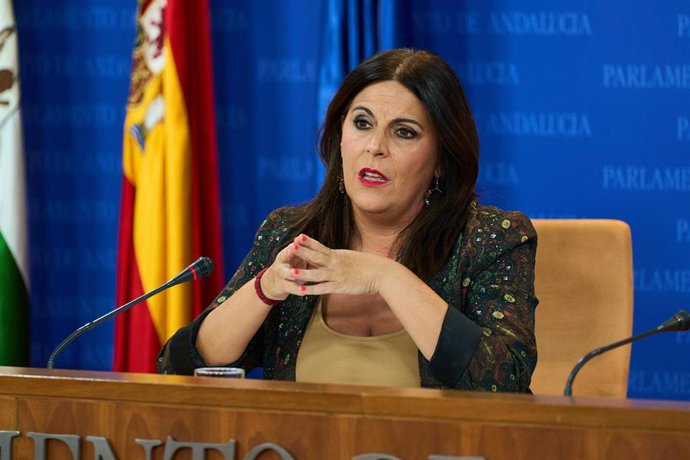 La portavoz del Grupo Parlamentario Socialista, Ángeles Férriz, durante la ronda de ruedas de prensa de portavoces de los grupos parlamentarios en el Parlamento de Andalucía, a 13 de septiembre de 2023 en Sevilla (Andalucía, España). Los portavoces de l