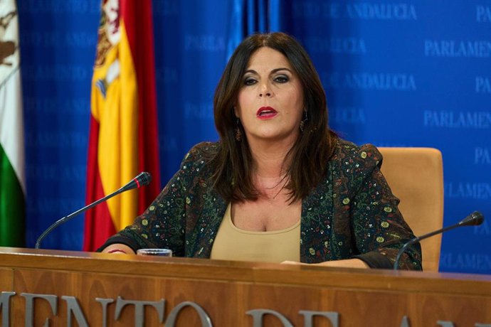 La portavoz del Grupo Parlamentario Socialista, Ángeles Férriz, durante la ronda de ruedas de prensa de portavoces de los grupos parlamentarios en el Parlamento de Andalucía, a 13 de septiembre de 2023 en Sevilla (Andalucía, España). Los portavoces de l
