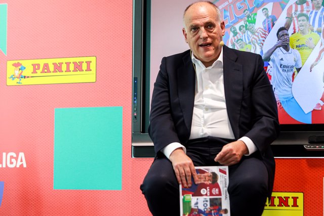 El presidente de LaLiga, Javier Tebas, en la presentación de la colección de cromos de Panini. 