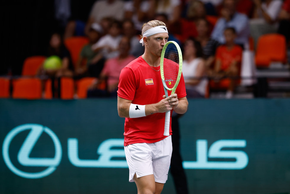 Alejandro Davidovich Fokina of Spain plays doubles with Marcel Granollers of Spain during the Davis Cup 2023, Group C, tennis match played between Spain and Czech Republic at Fuente de San Luis pavilion on September 13, 2023, in Valencia, Spain.