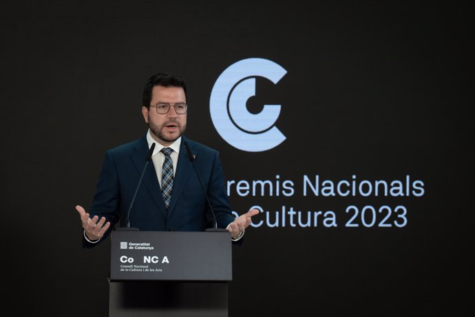 El presidente de la Generalitat, Pere Aragons, interviene durante la entrega de los Premis Nacionals de Cultura 2023 de la Generalitat, a 2 de junio de 2023, en Barcelona, Catalunya (España).