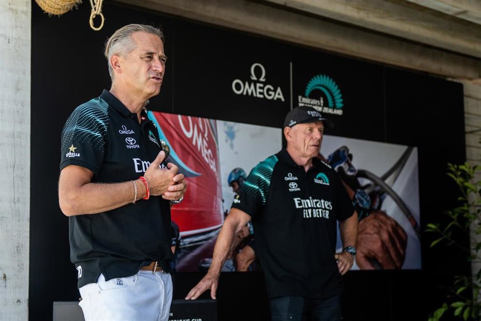 Raynald Aeschlimann CEO of Omega during a press conference before the preliminary regatta in Vilanova I la Geltru on september 13, 2023, in Barcelona, Spain.