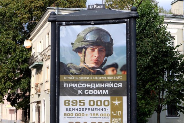 Saint Petersburg, Russia, September 12, 2023: A billboard depicting the services of the Armed Forces of the Russian Federation is engraved on the streets of Saint Petersburg.