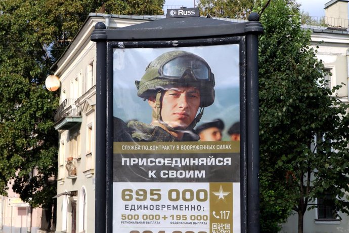 September 12, 2023, Saint Petersburg, Russia: View of an advertisement bilboard with inscription armed forces services of the Russian Federation in the streets of Saint Petersburg.