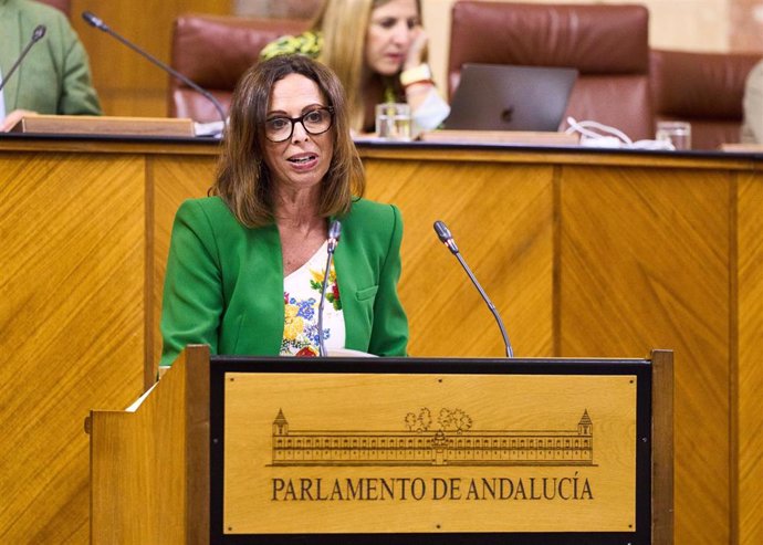 La consejera de Fomento, Articulación del Territorio y Vivienda, Rocío Díaz, ante el Pleno del Parlamento andaluz.