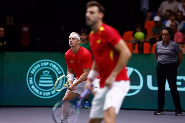 Alejandro Davidovich Fokina of Spain plays doubles with Marcel Granollers of Spain during the Davis Cup 2023, Group C, tennis match played between Spain and Czech Republic at Fuente de San Luis pavilion on September 13, 2023, in Valencia, Spain.
