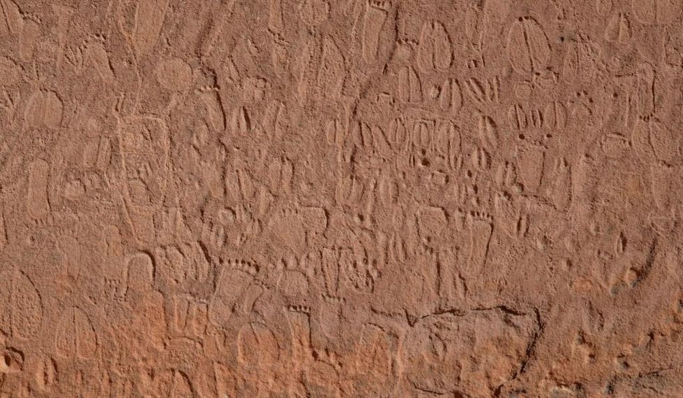 Detalle de representaciones de la Edad de Piedra de huellas humanas y de animales en las montañas Doro Nawas, Namibia.