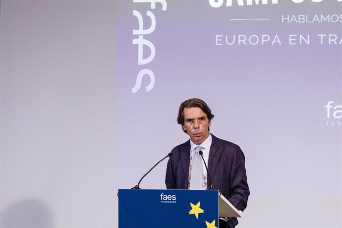 El expresidente del Gobierno de España José María Aznar interviene durante la inauguración de una nueva edición del Campus FAES, en el Hotel Petit Palace Savoy Alfonso XII, a 12 de septiembre de 2023, en Madrid (España).