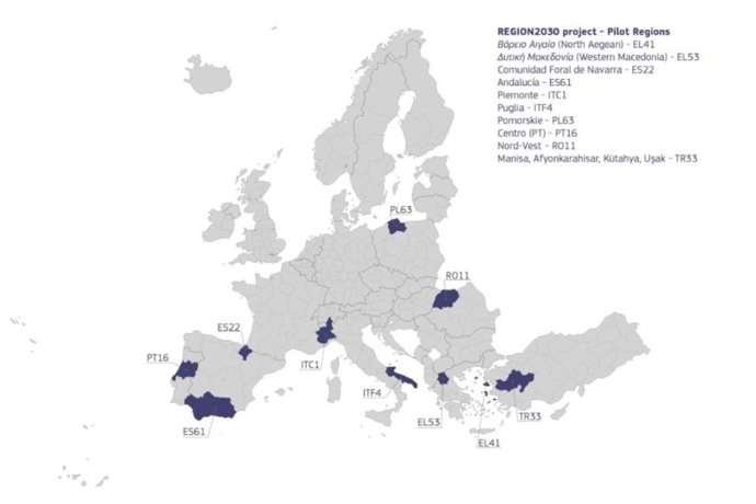 Regiones participantes en el proyecto Regiones 2030: Seguimiento de los ODS en las regiones de la UE. Llenar los vacíos de datos.