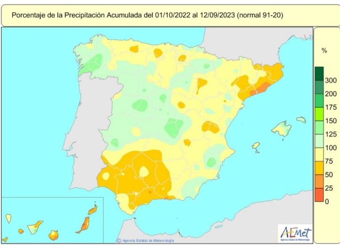 Las lluvias acumuladas en el conjunto de España están un 12% por debajo del valor normal hasta el 12 de septiembre de 2023.