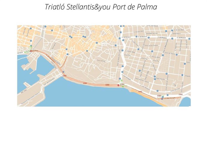 Plano de las calles que se verán afectadas en Palma por la celebración de la triatlón de este domingo.