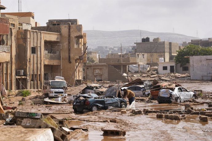 12 September 2023, Libya, Derna: A general view of destruction following the devastating floods that struck eastern Libya killing thousands of people. Photo: -/Government of National Unity via ZUMA Press Wire/dpa