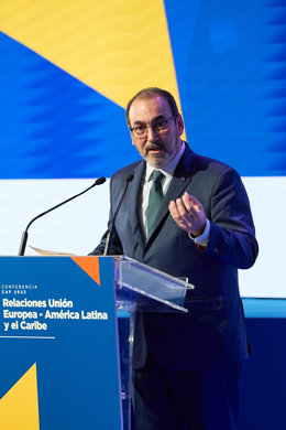 El presidente de CAF -banco de desarrollo de América Latina-Sergio Díaz-Granados, interviene durante la Conferencia CAF 'Unión Europea, América Latina y el Caribe' en Casa América, a 13 de septiembre de 223, en Madrid (España).
