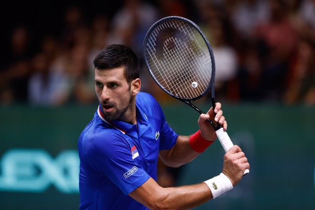 Novak Djokovic of Serbia in action against Alejandro Davidovich Fokina of Spain during the Davis Cup 2023, Group C, tennis match played between Spain and Serbia at Fuente de San Luis pavilion on September 15, 2023, in Valencia, Spain.