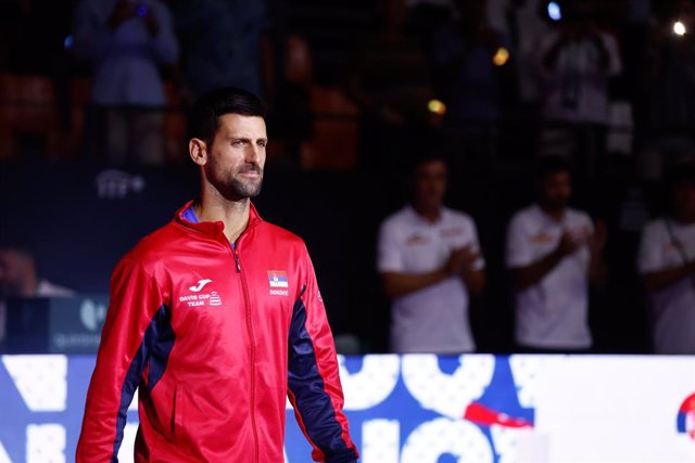 Novak Djokovic of Serbia is seen during the Davis Cup 2023, Group C, tennis match played between Spain and Serbia at Fuente de San Luis pavilion on September 15, 2023, in Valencia, Spain.