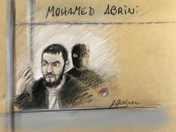 Archivo - April 6, 2023, BRUSSELS, Belgium: This drawing by Jonathan De Cesare shows accused Mohamed Abrini pictured during a session of the trial of the attacks of March 22, 2016, at the Brussels-Capital Assizes Court, Thursday 06 April 2023 at the Jus