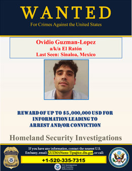 Archivo - January 5, 2023, Sinaloa, Mexico, USA: Ovidio Guzman, the son of drug lord 'El Chapo,' has been arrested on suspicion of drug-related charges in an operation carried out by Mexico City federal authorities. A Homeland Security Wanted poster sho