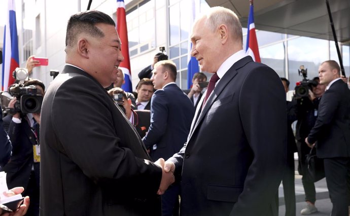 September 13, 2023, Vostochny Cosmodrome, Amur Oblast, Russia: Russian President Vladimir Putin, right, welcomes North Korean leader Kim Jong-un, left, on arrival at the Vostochny Cosmodrome, September 13, 2023 in the Amur Region, Russia.,Image: 8050100