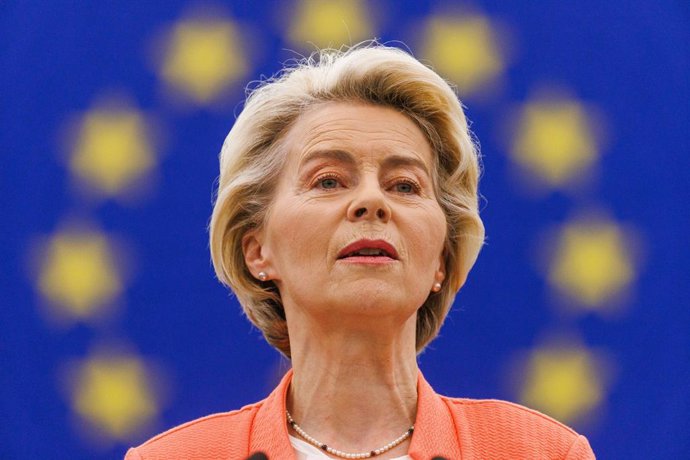 13 September 2023, France, Strasbourg: Ursula von der Leyen, President of the European Commission, delivers a speech in the European Parliament on the state of the European Union and its plans and strategies for the future. Photo: Philipp von Ditfurth/d