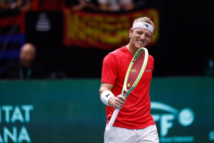 Alejandro Davidovich Fokina of Spain in action against Novak Djokovic of Serbia during the Davis Cup 2023, Group C, tennis match played between Spain and Serbia at Fuente de San Luis pavilion on September 15, 2023, in Valencia, Spain.