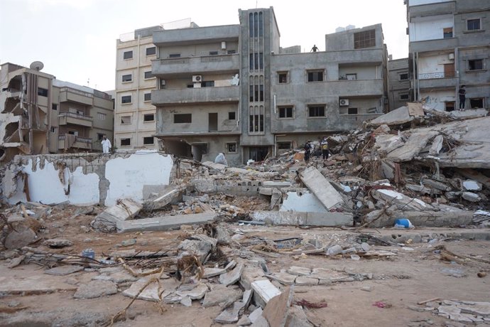 DERNA, Sept. 17, 2023  -- This photo taken on Sept. 16, 2023 shows a flood-affected area in Derna, Libya. On Sept. 10, Mediterranean storm Daniel made landfall in Libya, bringing heavy storms and flash floods along its path in the northeast of the war-t
