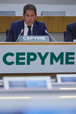 El presidente de Cepyme, Gerardo Cuerva, interviene durante la inauguración de unas jornadas de la organización sobre 'El reto de las vacantes en España', a 18 de septiembre de 2023, en Madrid (España). 