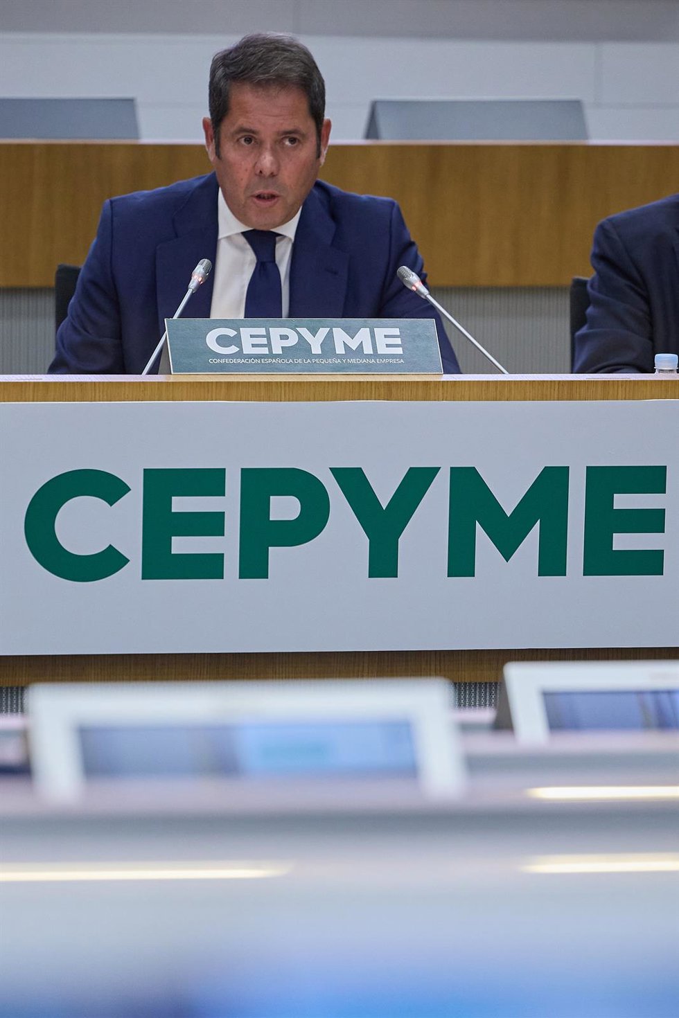 El presidente de Cepyme, Gerardo Cuerva, interviene durante la inauguración de unas jornadas de la organización sobre 'El reto de las vacantes en España', a 18 de septiembre de 2023, en Madrid (España). 