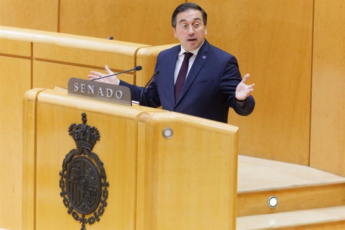 El ministro de Asuntos Exteriores, Unión Europea y Cooperación en funciones, José Manuel Albares, interviene durante la reunión de presidentes de la COSAC en el Senado, a 18 de septiembre de 2023, en Madrid (España). Los presidentes de la Conferencia de